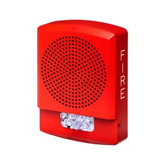 Siemens SL2SPSWR-F fire alarm with speaker and strobe light for emergency alert and notification.