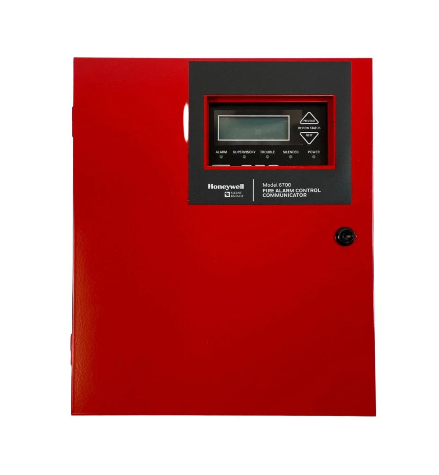 Silent Knight 6700 addressable fire alarm control panel, black with display and control buttons, used for fire safety management.