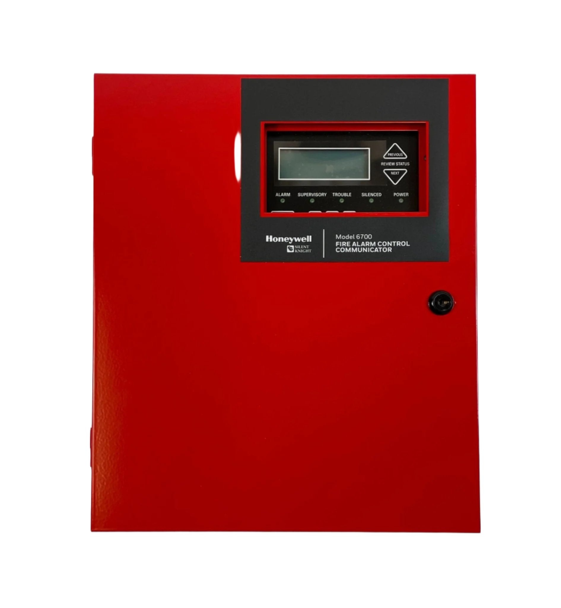 Silent Knight 6700 addressable fire alarm control panel, black with display and control buttons, used for fire safety management.