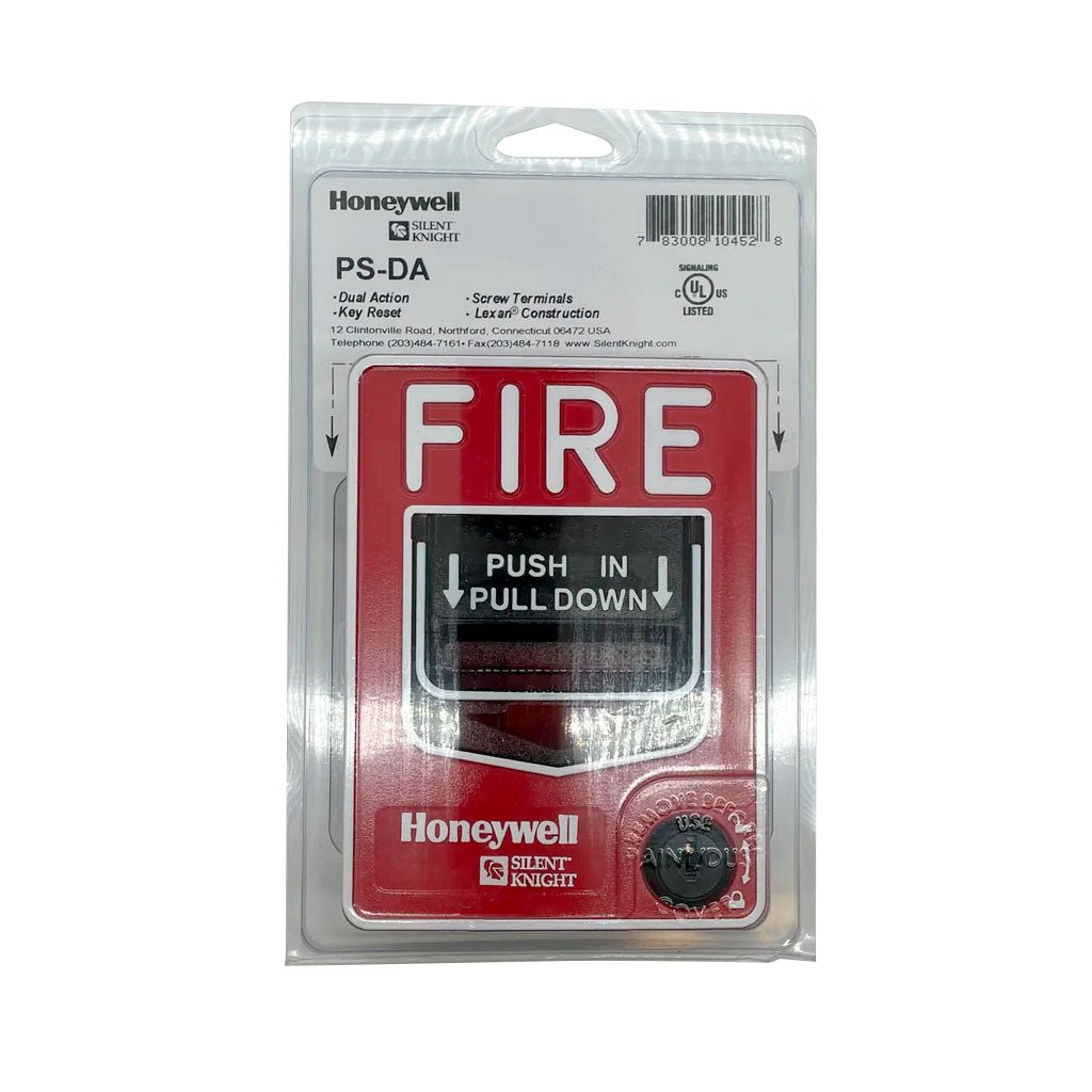 Silent Knight PS-DA fire alarm dual-action pull station, red emergency alarm device for fire safety and notification.