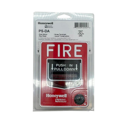 Silent Knight PS-DA fire alarm dual-action pull station, red emergency alarm device for fire safety and notification.