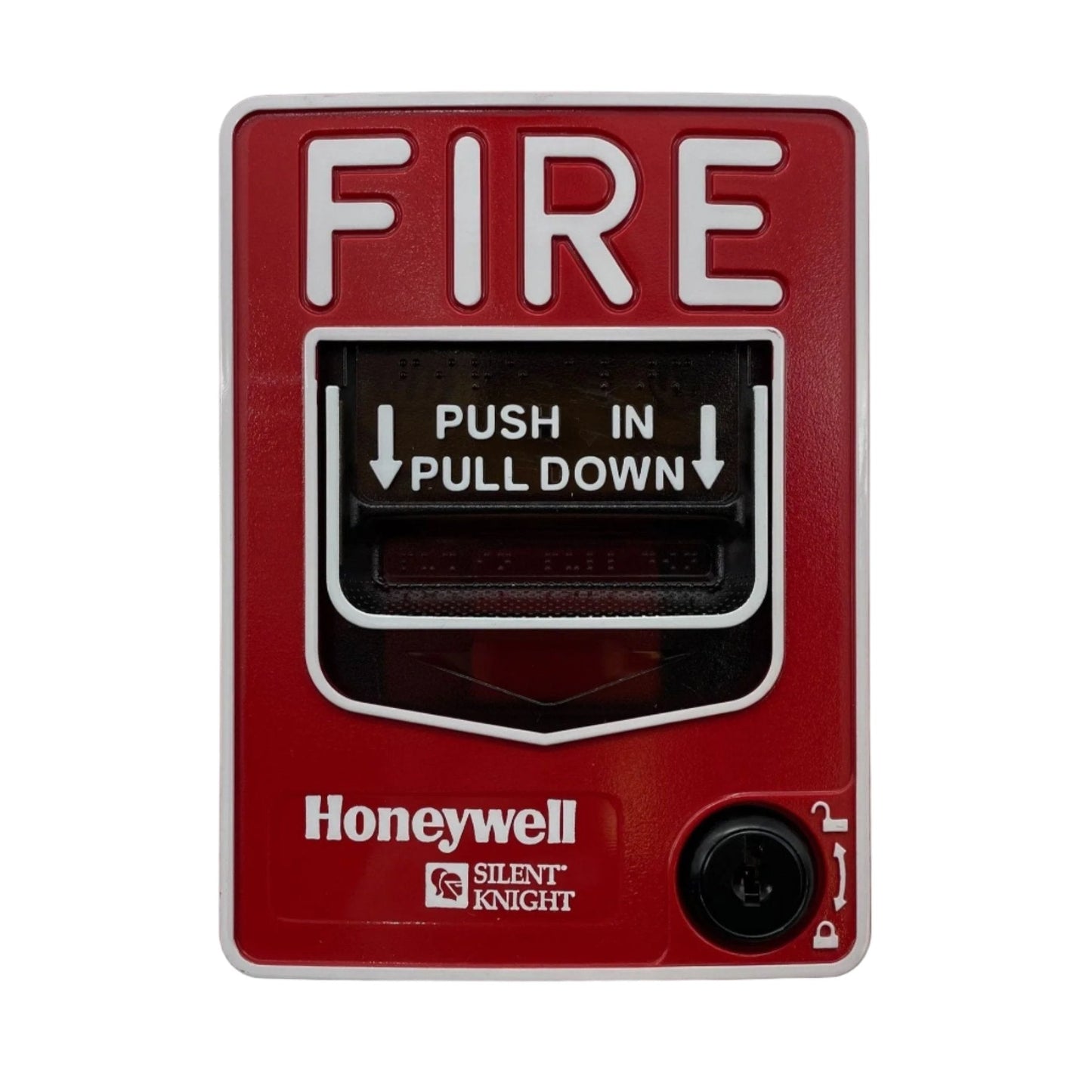 Silent Knight SK-PULL-DA addressable dual action pull station for fire alarm systems, featuring a durable red metal design.