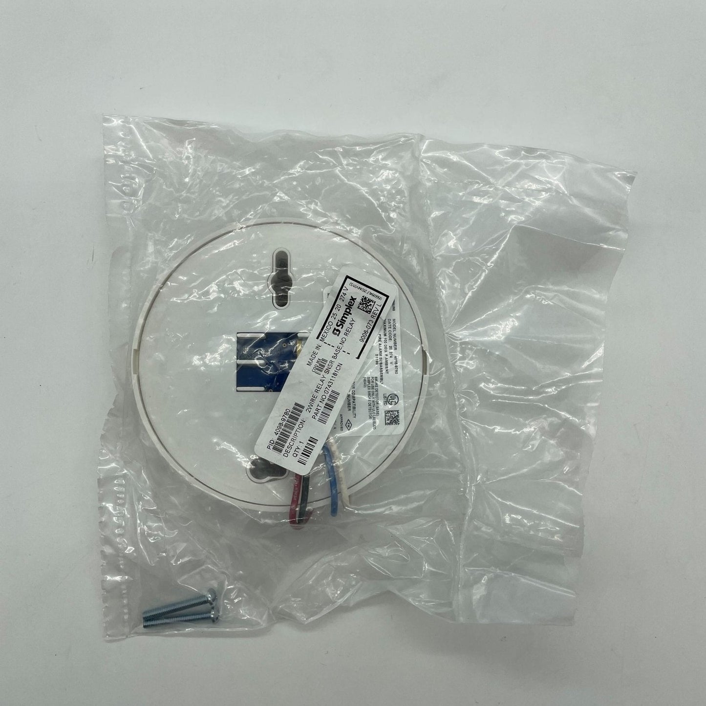 Simplex 4098-9780 fire alarm relay base with 2-wire sensor for supervised fire detection systems.