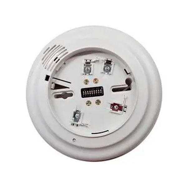 Simplex 4098-9794 fire alarm sensor and sounder base installed on ceiling, part of Simplex fire alarm system.