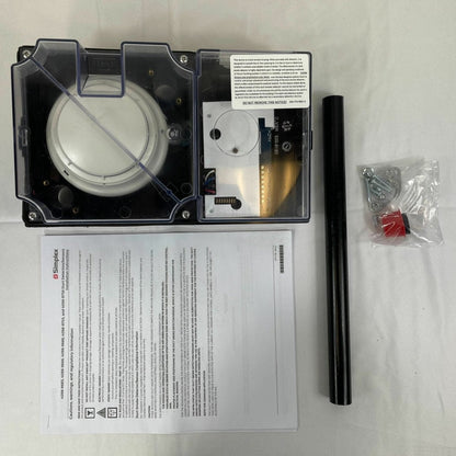 Simplex 4098-9755 two-wire duct detector for fire alarm systems, mounted on HVAC duct in industrial setting