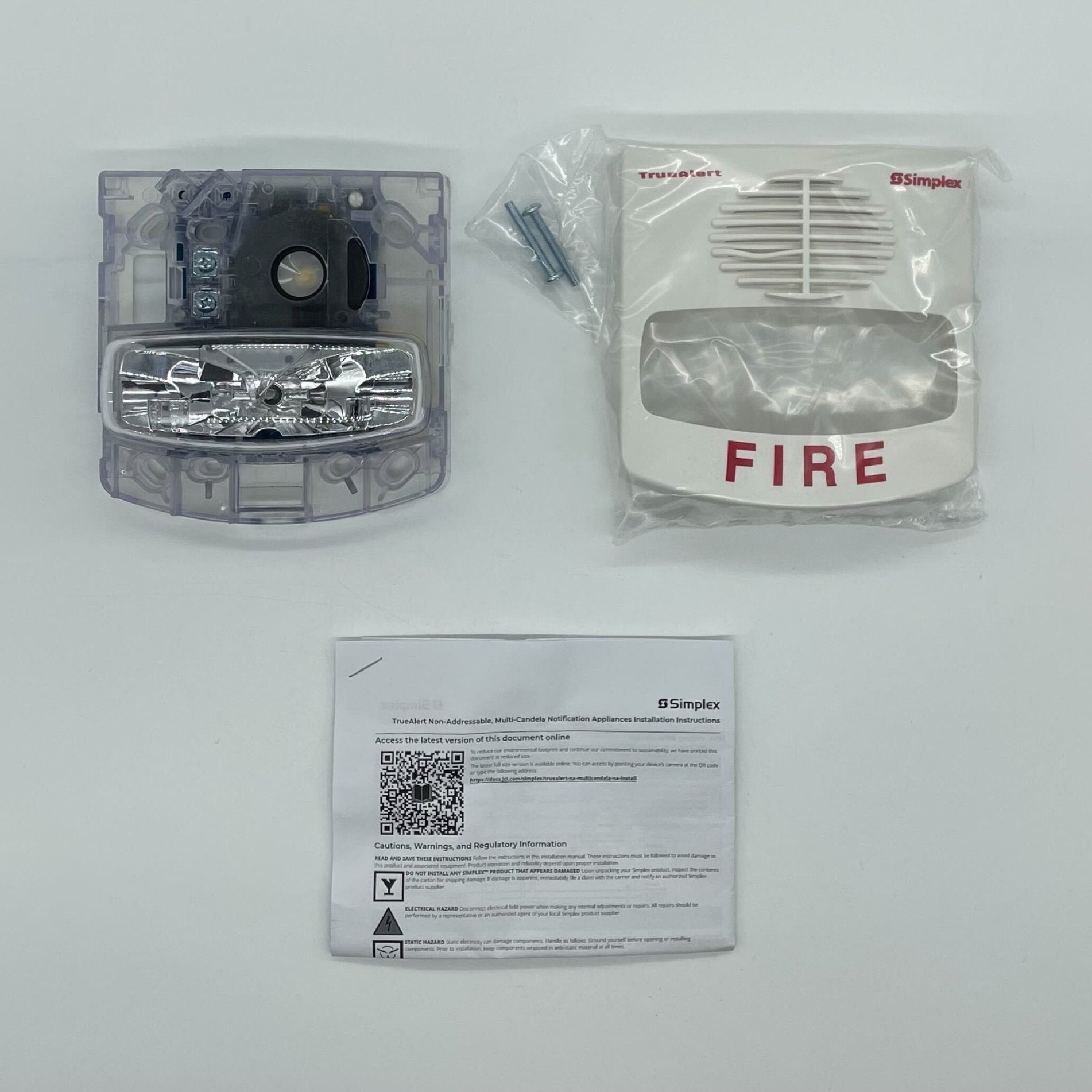Simplex 4906-9129 fire alarm horn strobe with multi-candela alert, mounted on a wall for fire safety notification.