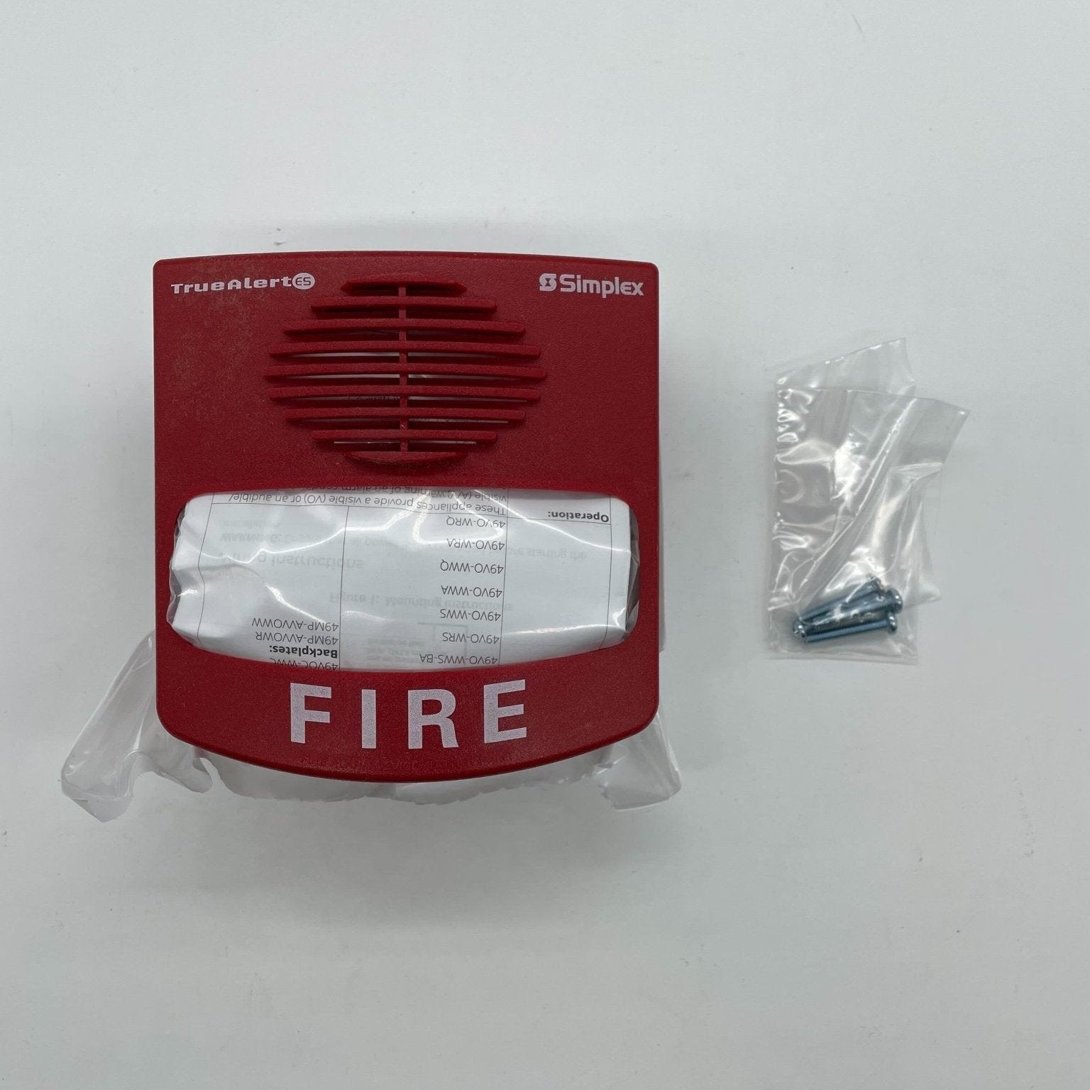 Simplex 49AV-WRF TrueAlert ES addressable fire alarm horn-strobe with orange cover and mounting hardware.
