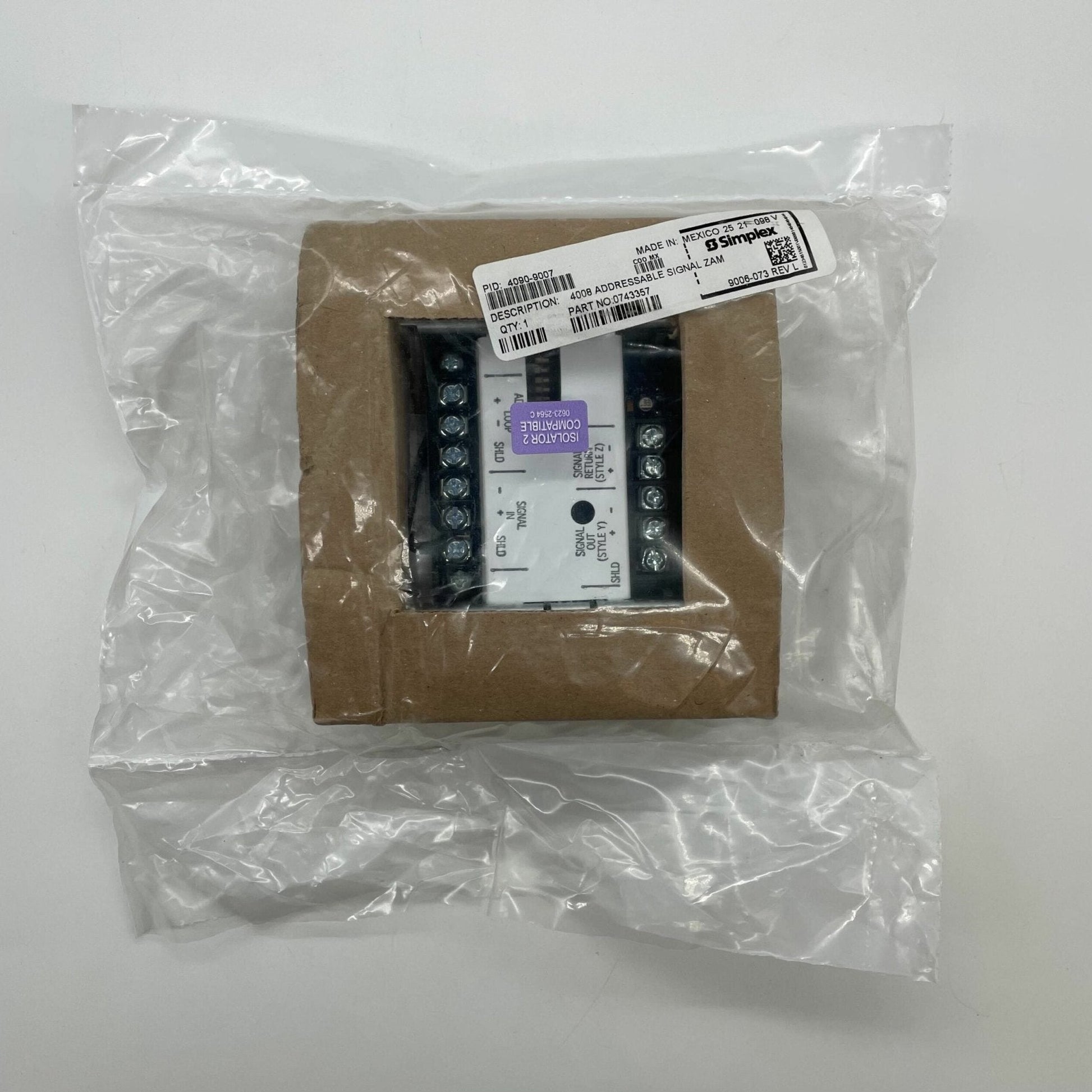 Simplex 4090-9007 fire alarm signal module, an individual addressable alarm device from Simplex, with wiring and front indicator.