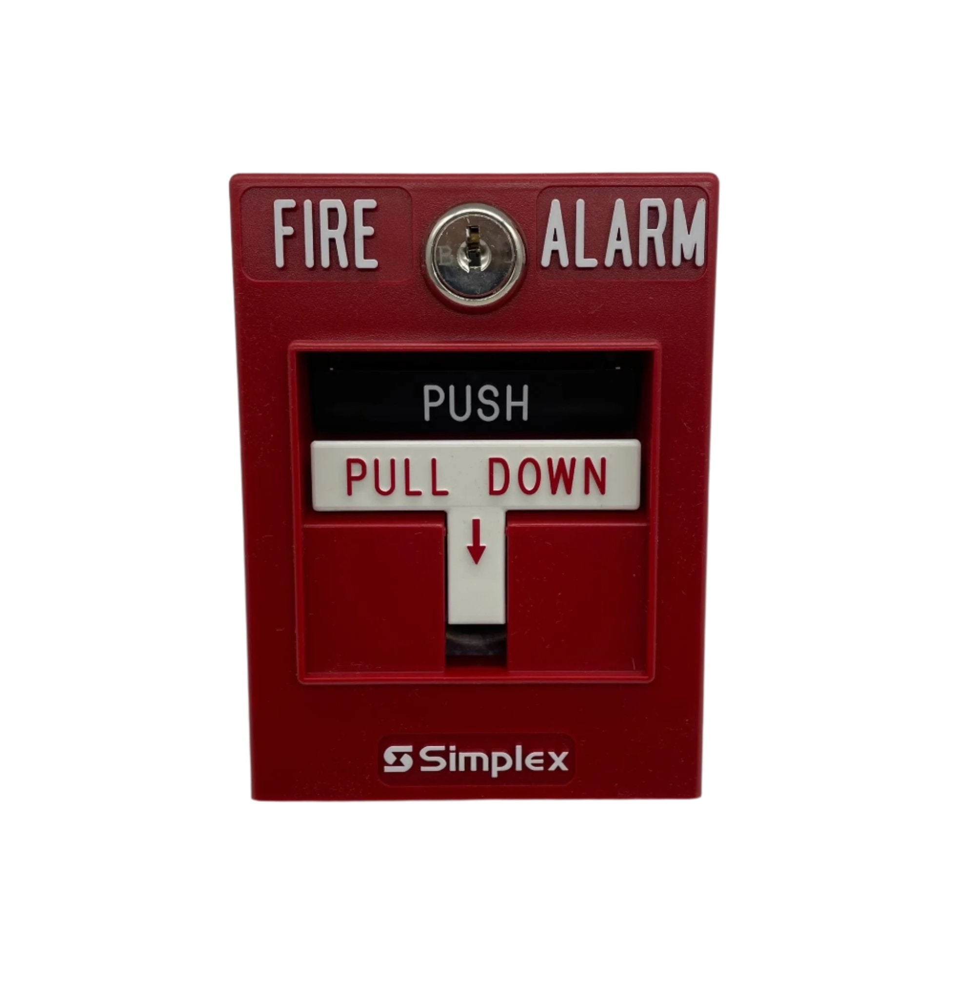 Simplex 2099-9756 fire alarm pull station with double-action design and separate key for emergency activation.