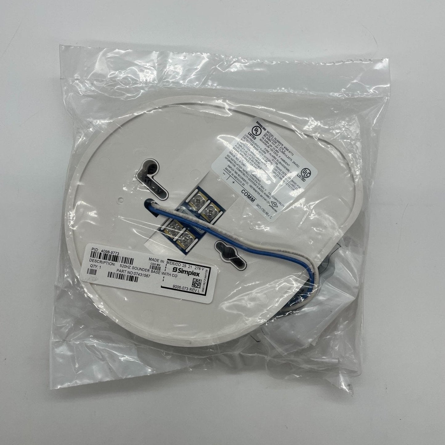 Simplex 4098-9773 fire alarm sounder base with 520Hz siren, compatible with Simplex TrueAlarm fire alarm systems.