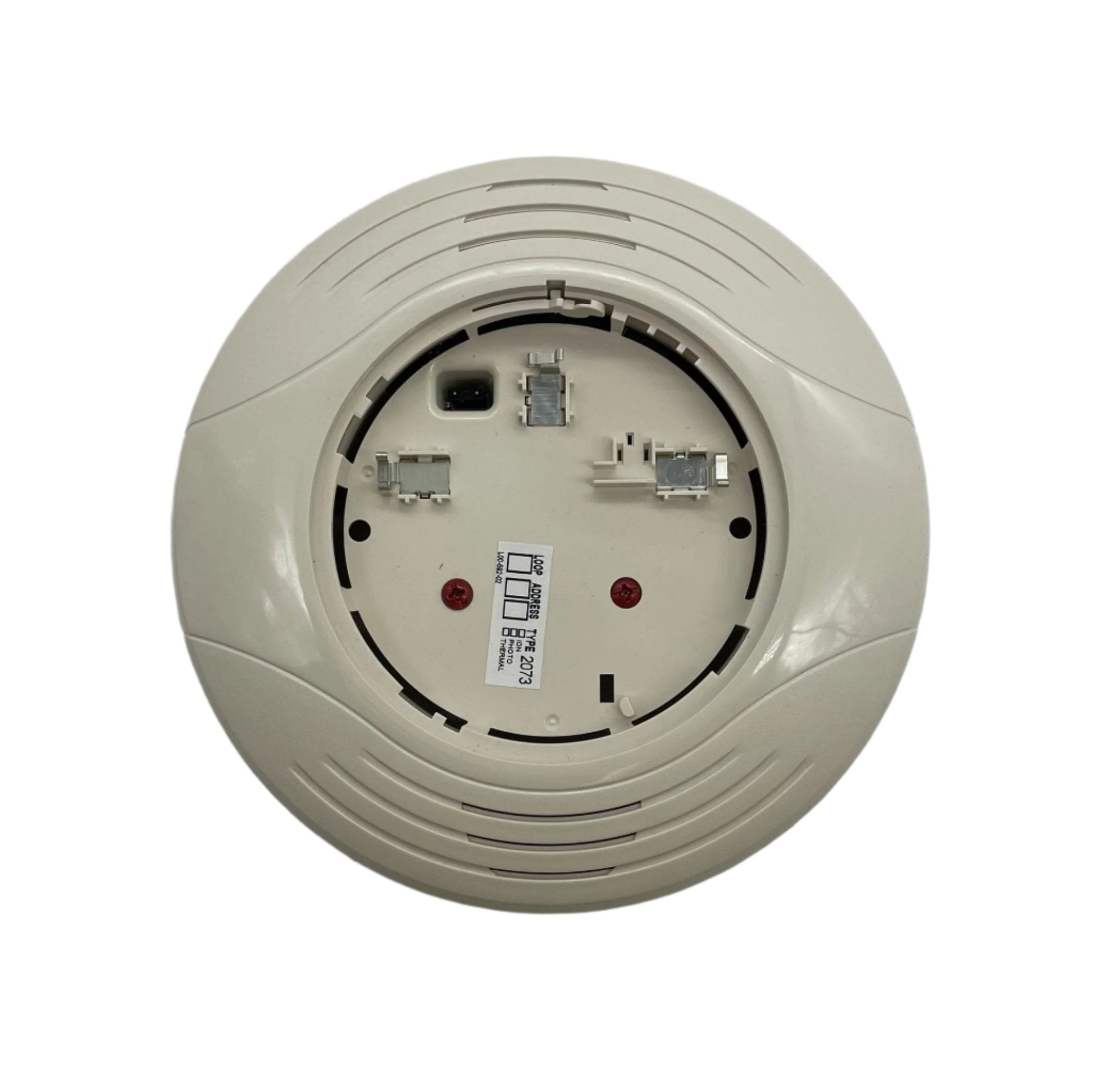 System Sensor B200SR-IV fire alarm sounder base mounted on a ceiling, part of the addressable fire alarm system.
