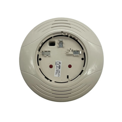 System Sensor B200SR-IV fire alarm sounder base mounted on a ceiling, part of the addressable fire alarm system.