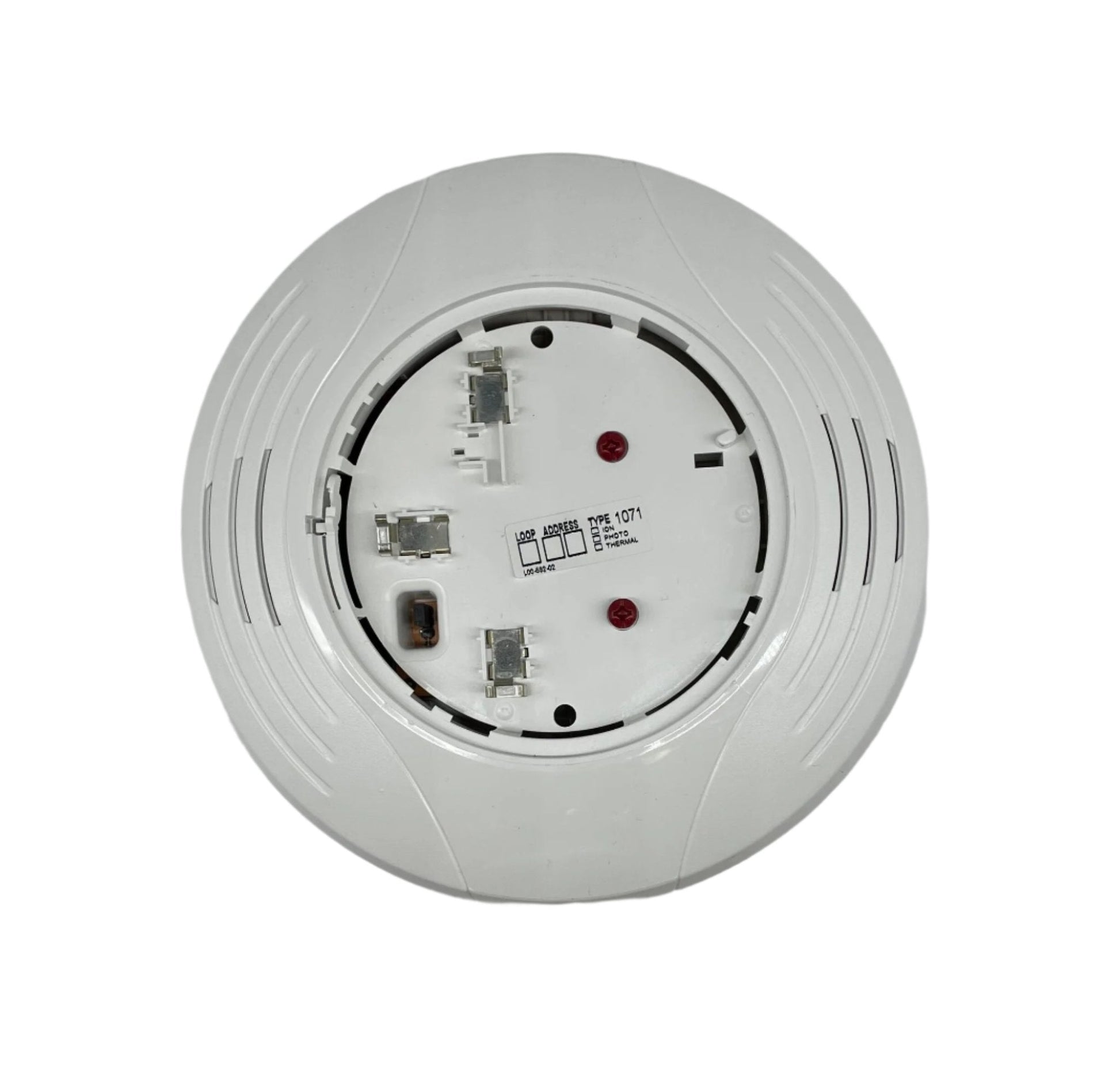 White System Sensor B224RB-WH fire alarm relay base mounted on a ceiling with wiring connections visible