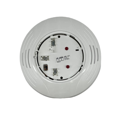 White System Sensor B224RB-WH fire alarm relay base mounted on a ceiling with wiring connections visible