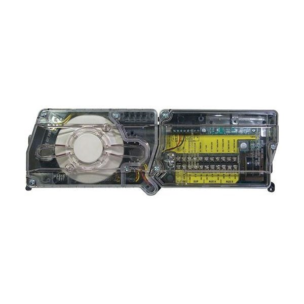 System Sensor D4120 duct smoke detector for fire alarm systems, mounted on a ceiling with visible wiring.