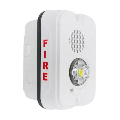 System Sensor P2GWKLED fire alarm horn strobe mounted on a wall, compact and wall-mounted with bright LED indicator