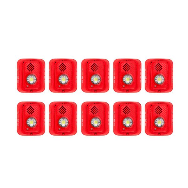 System Sensor P2RLED-BP10 fire alarm horn-strobe unit in bulk pack of 10, with bright LED indicator and durable casing.