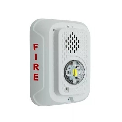 System Sensor P2WLED fire alarm horn strobe with white LED light and two-wire connection, designed for fire safety alerts.