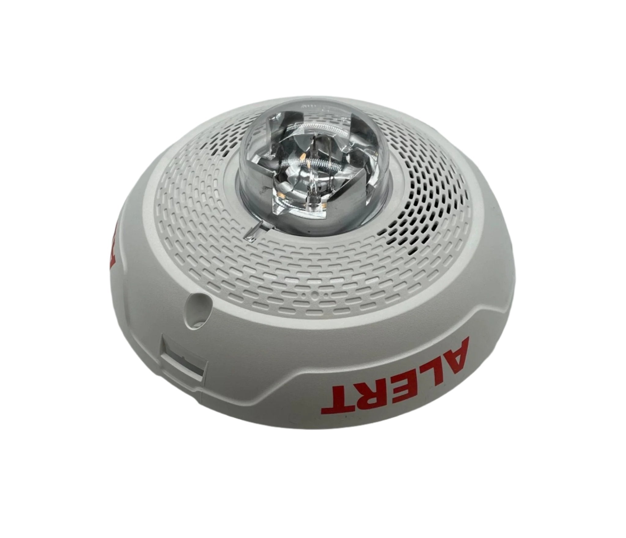 System Sensor fire alarm with speaker and strobe light, model SPSCWL-CLR-ALERT, mounted on a wall for emergency alerts