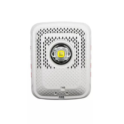 System Sensor SPSWLED fire alarm with speaker and LED strobe, mounted on wall for emergency alert visibility.