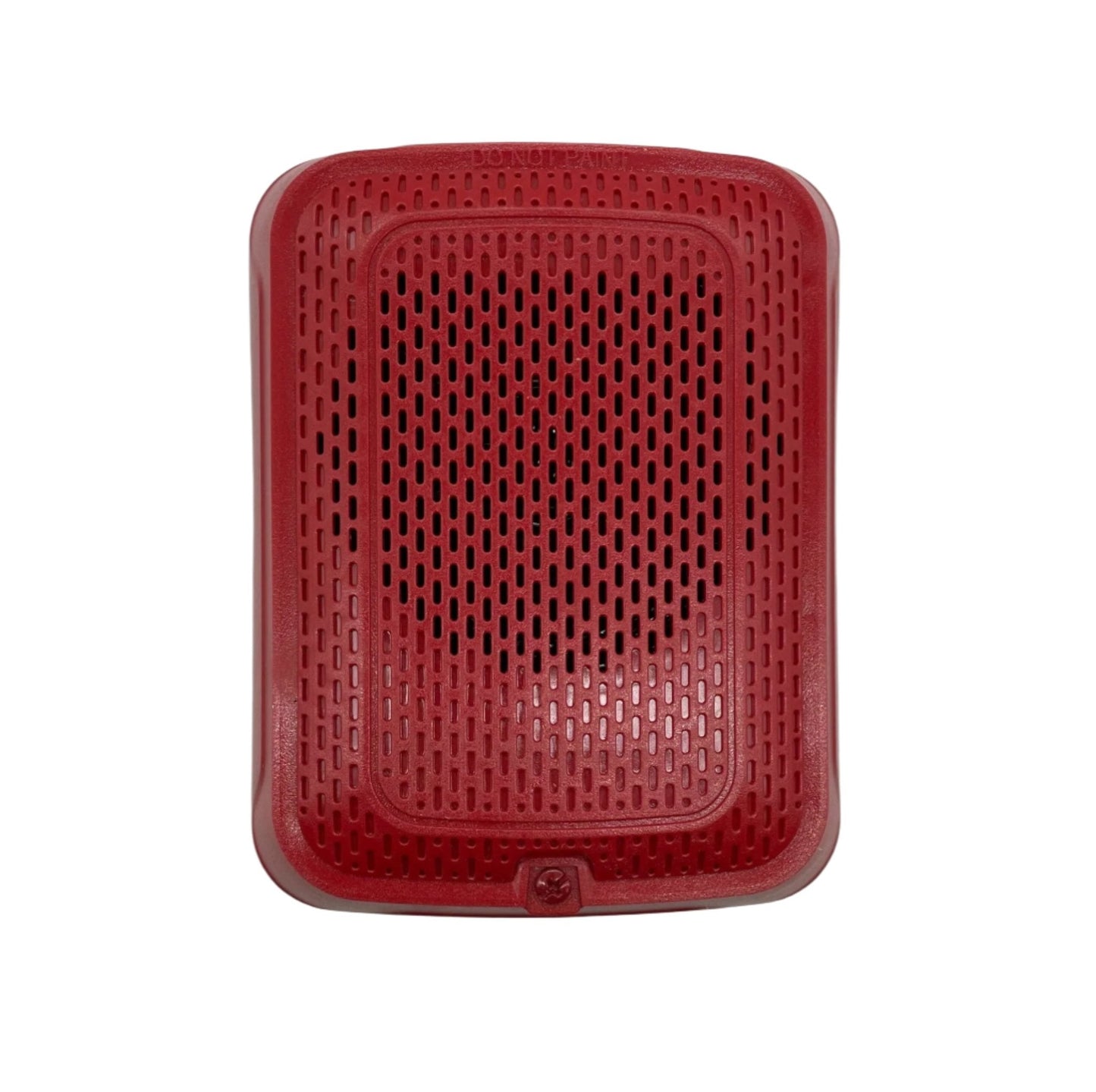 System Sensor SPRL fire alarm speaker in red, mounted on wall, with visible speaker grille and alert indicator for fire safety alert system.