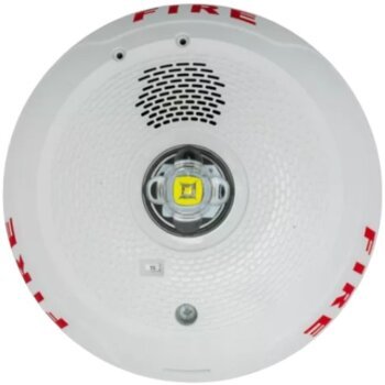 System Sensor SCWLED fire alarm strobe light mounted on ceiling, part of the System Sensor fire alarm safety system