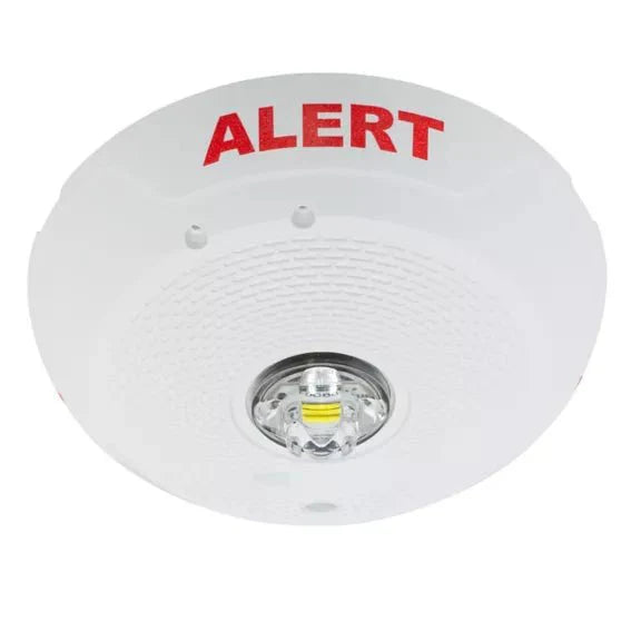 Ceiling-mounted System Sensor SCWLED-CLR-ALERT fire alarm strobe with clear lens, designed for alerting in emergency situations.