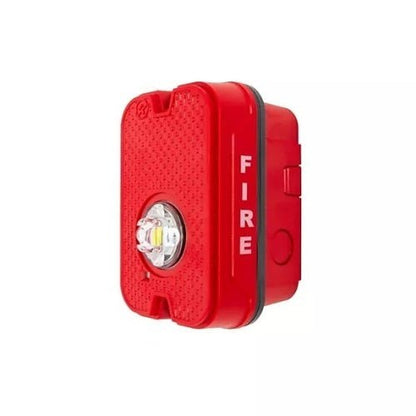 System Sensor SGRKLED fire alarm strobe mounted on wall with bright red LED indicator for alert signaling.