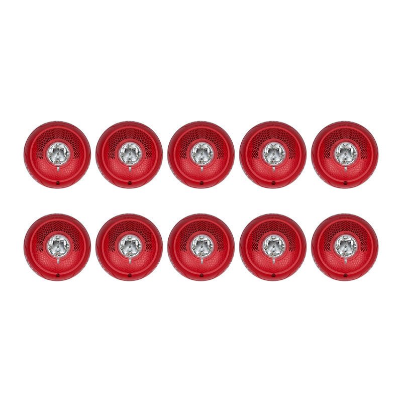 Set of 10 System Sensor SPSCRLED-BP10 fire alarm strobes in a bulk pack, featuring bright LED warning lights for safety.