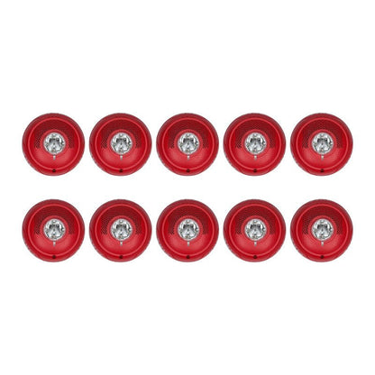 Set of 10 System Sensor SPSCRLED-BP10 fire alarm strobes in a bulk pack, featuring bright LED warning lights for safety.