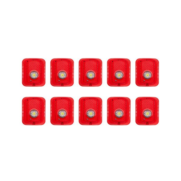 System Sensor SRLED-BP10 fire alarm strobe light in red, bulk pack with 10 units, used for visual alert in fire safety systems.