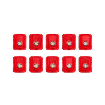 System Sensor SRLED-BP10 fire alarm strobe light in red, bulk pack with 10 units, used for visual alert in fire safety systems.