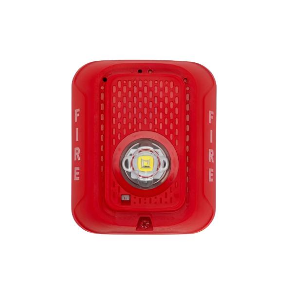 Wall-mounted System Sensor SRLED fire alarm strobe light with bright LED indicator for alert signaling.
