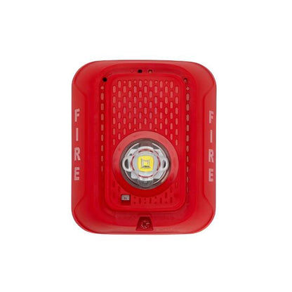 Wall-mounted System Sensor SRLED fire alarm strobe light with bright LED indicator for alert signaling.